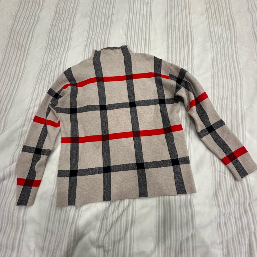 Tahari Plaid Black, Red and Cream Knit Sweater